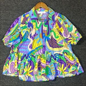 Meet Me In Santorini Colorful Patterned Oversized Puff Sleeves Blouse, Large